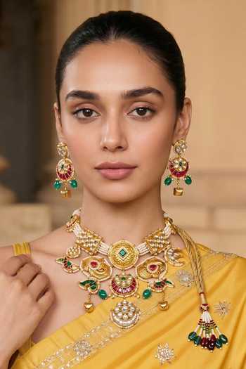 Tad Accessories_Gold Plated Faux Pearls And Stone Studded Necklace Set _Online_at_Aza_Fashions
