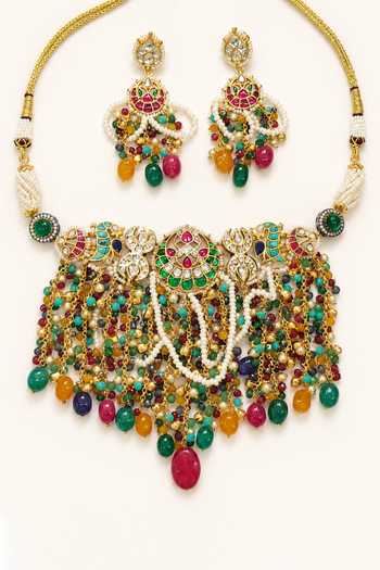 Shop_Tad Accessories_Multi Color Stone Studded And Imitation Polki Necklace Set _at_Aza_Fashions