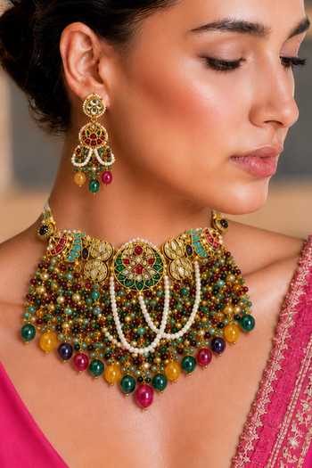 Shop_Tad Accessories_Multi Color Stone Studded And Imitation Polki Necklace Set _Online_at_Aza_Fashions