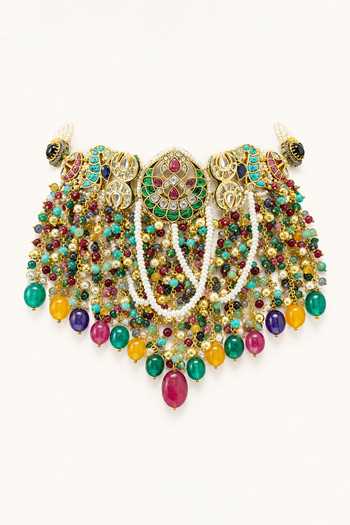 Tad Accessories_Multi Color Stone Studded And Imitation Polki Necklace Set _at_Aza_Fashions