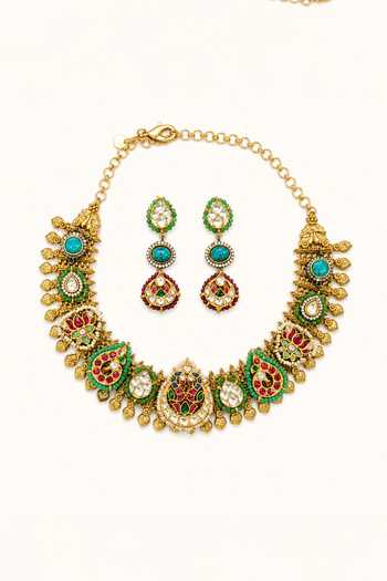 Shop_Tad Accessories_Multi Color Stone Studded And Imitation Polki Necklace Set _at_Aza_Fashions
