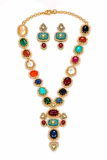 Shop_Tad Accessories_Multi Color Stone Studded And Imitation Polki Necklace Set _at_Aza_Fashions