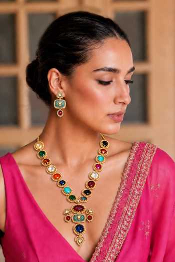 Buy_Tad Accessories_Multi Color Stone Studded And Imitation Polki Necklace Set _at_Aza_Fashions