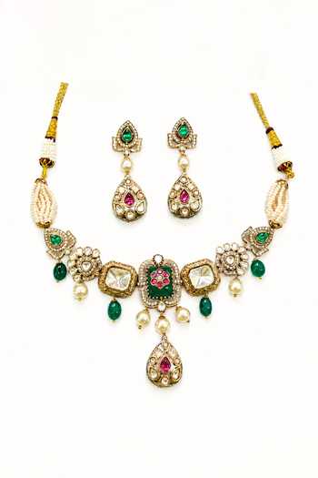 Shop_Tad Accessories_Multi Color Imitation Polki Pendant Necklace Set _at_Aza_Fashions