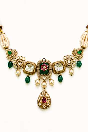 Shop_Tad Accessories_Multi Color Imitation Polki Pendant Necklace Set _Online_at_Aza_Fashions