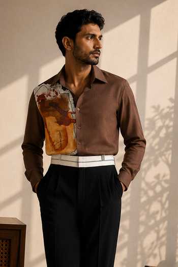 Buy_ROHIT DOSHI_Brown Polyester Work Of Art Shirt _at_Aza_Fashions