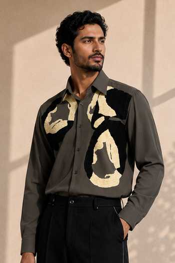 Buy_ROHIT DOSHI_Grey Polyester Three Tone Patch Work Shirt _at_Aza_Fashions