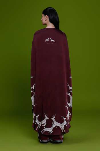 Shop_Kamaali Pret_Burgundy Satin Round Neck Al Maha Placement Printed Kaftan And Pant Set _at_Aza_Fashions