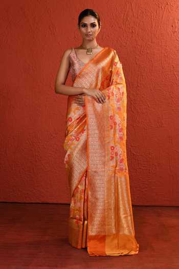 Buy_Vishwa By Pinki Sinha_Orange Silk Jaal Handwoven Saree With Running Blouse _at_Aza_Fashions