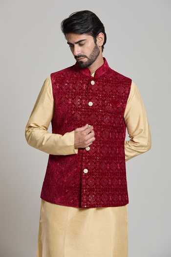 Buy_Arihant Rai Sinha_Maroon Velvet, Silk Sequins, Embroidery Floral Thread Bundi Set _at_Aza_Fashions