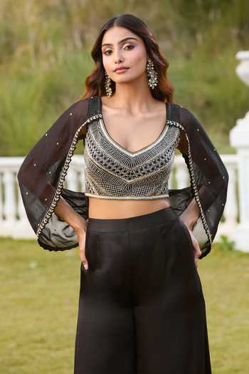 Buy_Aariyana Couture_Black Modal Hand Embroidered Cape Top And Pant Set _at_Aza_Fashions