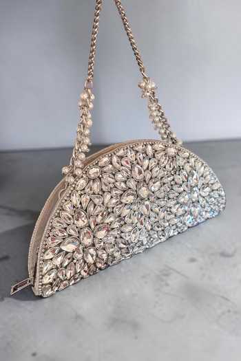 Buy_Bhavna Kumar_Silver D-shaped Velvet Kundan Clutch Bag _at_Aza_Fashions