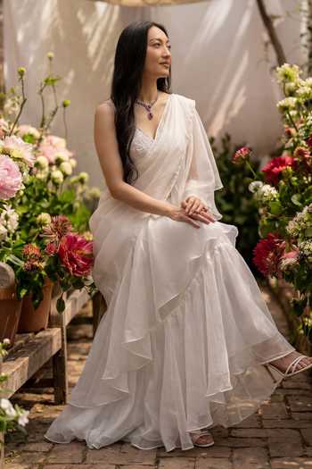 Shop_Devkalii_White Organza V-neck Pre-draped Ruffle With Blouse _at_Aza_Fashions