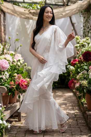 Buy_Devkalii_White Organza V-neck Pre-draped Ruffle With Blouse _at_Aza_Fashions