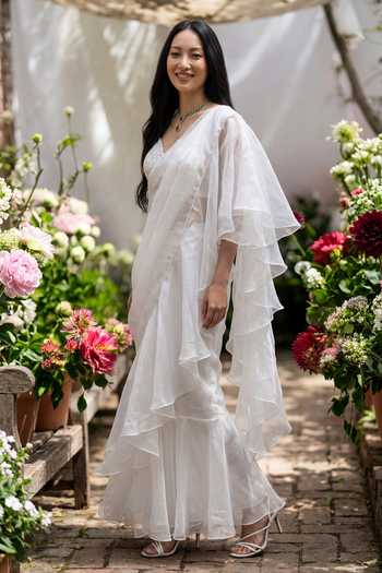 Devkalii_White Organza V-neck Pre-draped Ruffle With Blouse _Online_at_Aza_Fashions