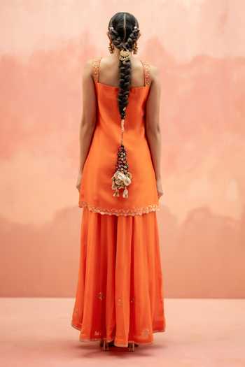 Shop_AM by Anita Mittal_Orange Silk Square Neck Noor Embroidered Kurta Sharara Set _at_Aza_Fashions