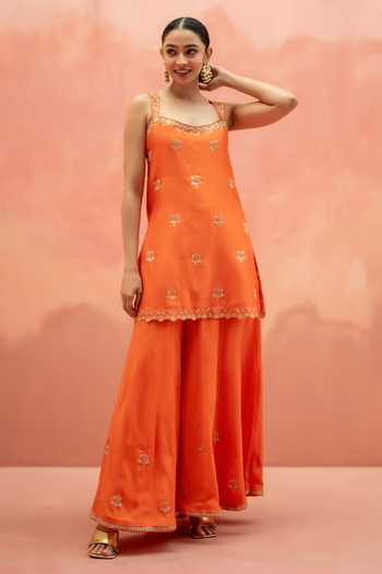 AM by Anita Mittal_Orange Silk Square Neck Noor Embroidered Kurta Sharara Set _Online_at_Aza_Fashions