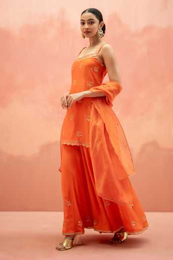 Shop_AM by Anita Mittal_Orange Silk Square Neck Noor Embroidered Kurta Sharara Set _Online_at_Aza_Fashions