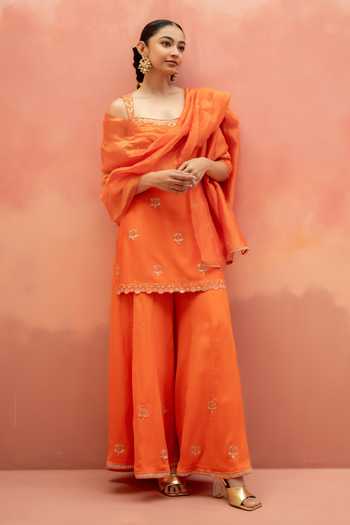 AM by Anita Mittal_Orange Silk Square Neck Noor Embroidered Kurta Sharara Set _at_Aza_Fashions