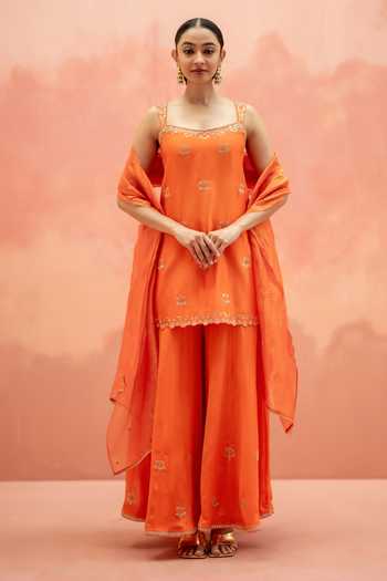 Buy_AM by Anita Mittal_Orange Silk Square Neck Noor Embroidered Kurta Sharara Set _at_Aza_Fashions