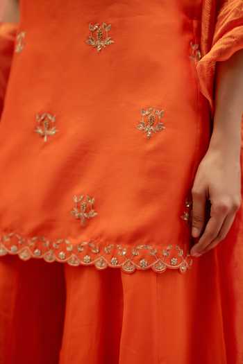 Shop_AM by Anita Mittal_Orange Silk Square Neck Noor Embroidered Kurta Sharara Set 