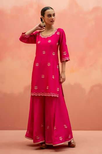AM by Anita Mittal_Pink Silk Scoop Neck Noor Floral Embroidered Kurta Sharara Set _Online_at_Aza_Fashions