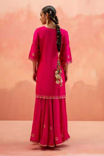 Shop_AM by Anita Mittal_Pink Silk Scoop Neck Noor Floral Embroidered Kurta Sharara Set _at_Aza_Fashions