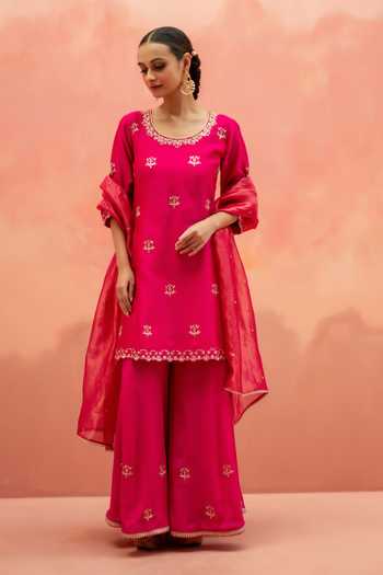 Shop_AM by Anita Mittal_Pink Silk Scoop Neck Noor Floral Embroidered Kurta Sharara Set _Online_at_Aza_Fashions