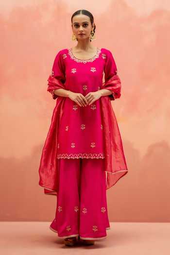 Buy_AM by Anita Mittal_Pink Silk Scoop Neck Noor Floral Embroidered Kurta Sharara Set _at_Aza_Fashions