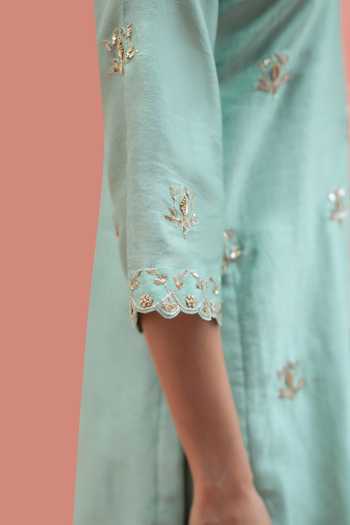 AM by Anita Mittal_Blue Silk Round Neck Noor Floral Embroidered Long Kurta Sharara Set _Online_at_Aza_Fashions