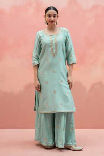 Buy_AM by Anita Mittal_Blue Silk Round Neck Noor Floral Embroidered Long Kurta Sharara Set _Online_at_Aza_Fashions