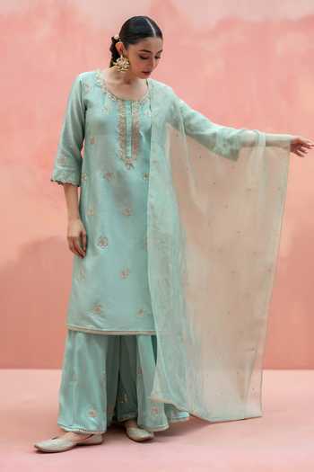 Shop_AM by Anita Mittal_Blue Silk Round Neck Noor Floral Embroidered Long Kurta Sharara Set _Online_at_Aza_Fashions