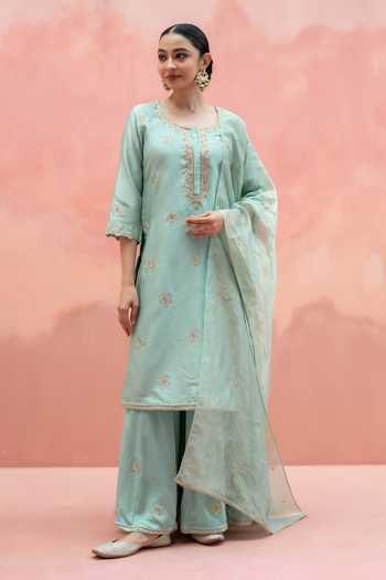 Buy_AM by Anita Mittal_Blue Silk Round Neck Noor Floral Embroidered Long Kurta Sharara Set _at_Aza_Fashions