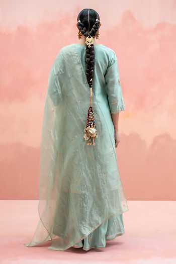 Shop_AM by Anita Mittal_Blue Silk Round Neck Noor Floral Embroidered Long Kurta Sharara Set _at_Aza_Fashions