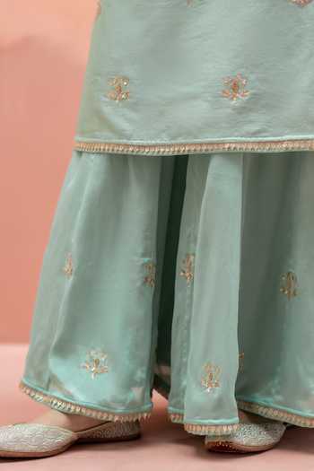 AM by Anita Mittal_Blue Silk Round Neck Noor Floral Embroidered Long Kurta Sharara Set _at_Aza_Fashions