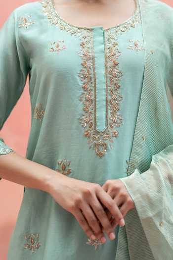 Buy_AM by Anita Mittal_Blue Silk Round Neck Noor Floral Embroidered Long Kurta Sharara Set 