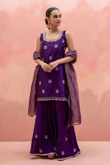 AM by Anita Mittal_Purple Silk Scoop Neck, Yes Noor Embroidered Kurta Sharara Set _Online_at_Aza_Fashions