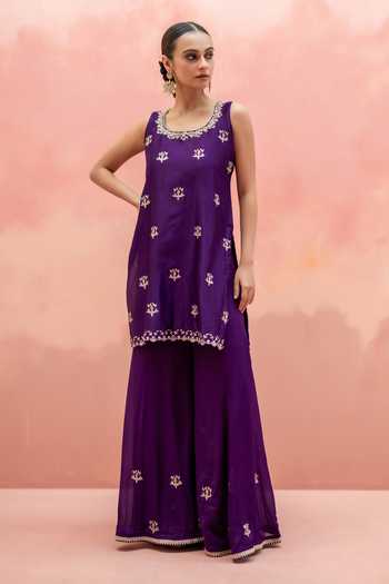 Buy_AM by Anita Mittal_Purple Silk Scoop Neck, Yes Noor Embroidered Kurta Sharara Set _Online_at_Aza_Fashions