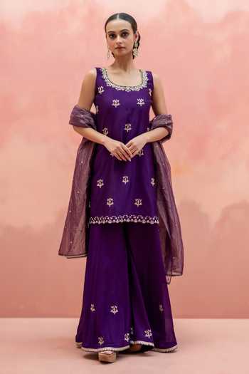 Buy_AM by Anita Mittal_Purple Silk Scoop Neck, Yes Noor Embroidered Kurta Sharara Set _at_Aza_Fashions