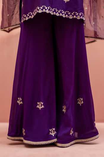 Shop_AM by Anita Mittal_Purple Silk Scoop Neck, Yes Noor Embroidered Kurta Sharara Set _Online_at_Aza_Fashions