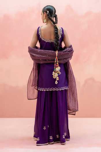 Shop_AM by Anita Mittal_Purple Silk Scoop Neck, Yes Noor Embroidered Kurta Sharara Set _at_Aza_Fashions