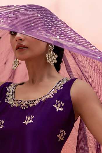 Buy_AM by Anita Mittal_Purple Silk Scoop Neck, Yes Noor Embroidered Kurta Sharara Set 