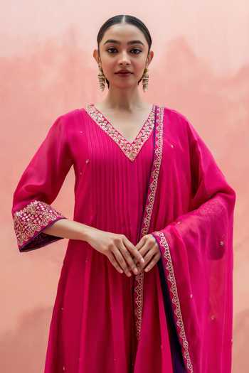 Shop_AM by Anita Mittal_Pink Chanderi V-neck Sitara A-line Embroidered Kurta Set _Online_at_Aza_Fashions