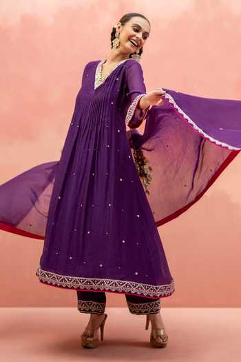 Shop_AM by Anita Mittal_Purple Chanderi V-neck, Yes Sitara A-line Embroidered Silk Kurta Set _Online_at_Aza_Fashions