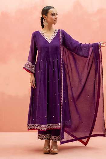 Buy_AM by Anita Mittal_Purple Chanderi V-neck, Yes Sitara A-line Embroidered Silk Kurta Set _at_Aza_Fashions