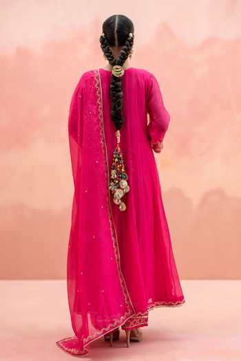 Shop_AM by Anita Mittal_Pink Chanderi V-neck Najma Mul Anarkali Set _at_Aza_Fashions