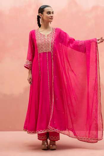 Buy_AM by Anita Mittal_Pink Chanderi V-neck Najma Mul Anarkali Set _at_Aza_Fashions