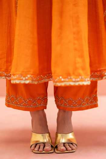 AM by Anita Mittal_Orange Chanderi Round Neck Najma Mul Embroidered Anarkali Set _Online_at_Aza_Fashions