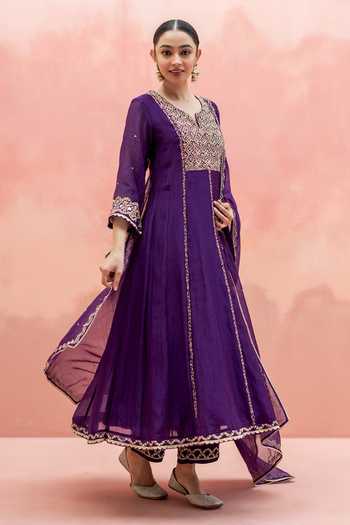 AM by Anita Mittal_Purple Chanderi Round Neck Najma Embroidered Anarkali Set _Online_at_Aza_Fashions