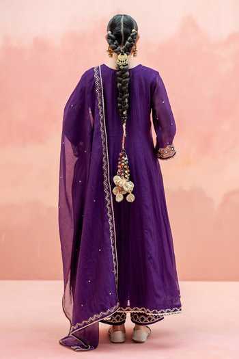 Shop_AM by Anita Mittal_Purple Chanderi Round Neck Najma Embroidered Anarkali Set _at_Aza_Fashions